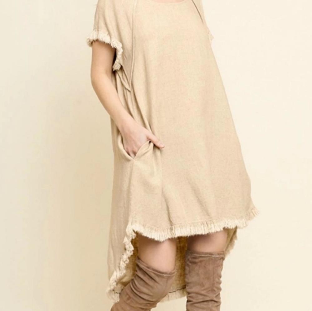 Umgee Oatmeal High Low Linen Dress with Fringe Hem - Picture 10 of 13